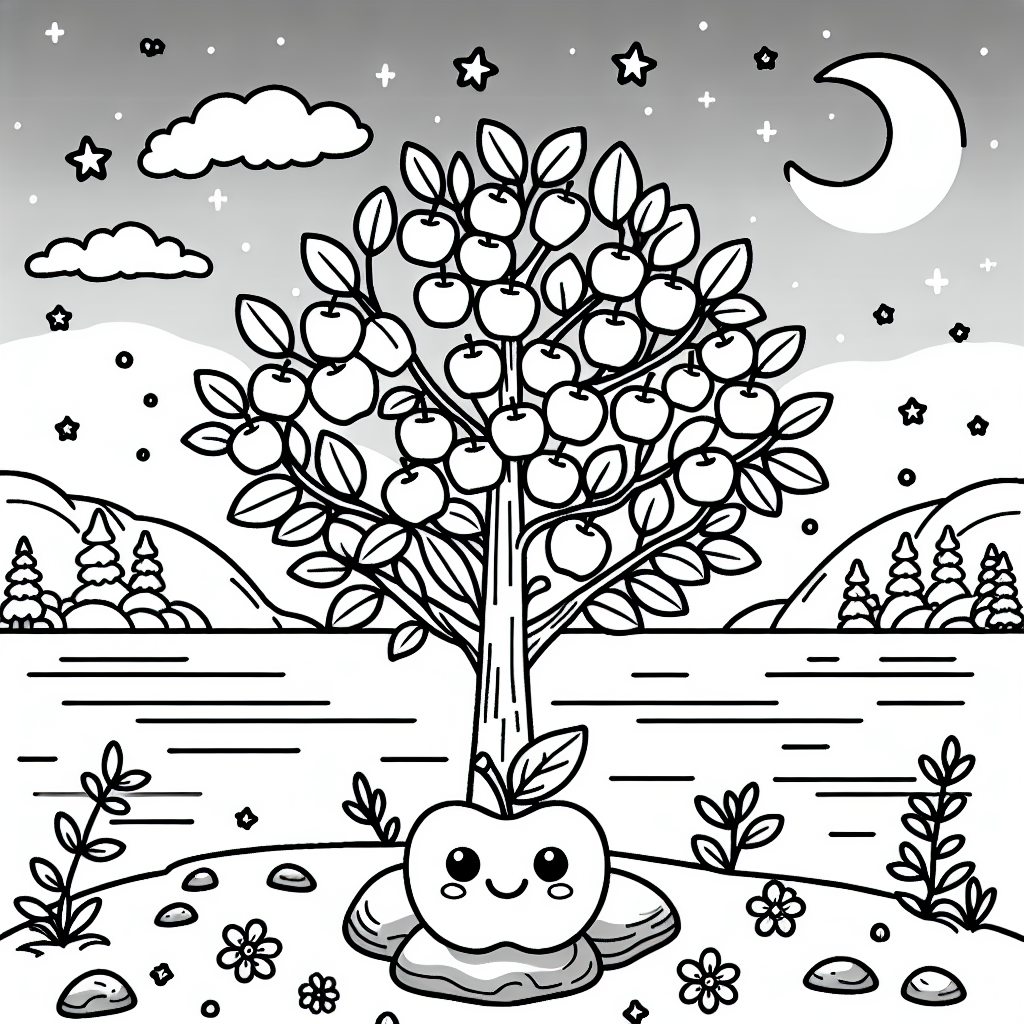 Fröhlicher Apfelbaum - Malbuch, Kinderillustration, Obstbaum, Frühling, Abenddämmerung