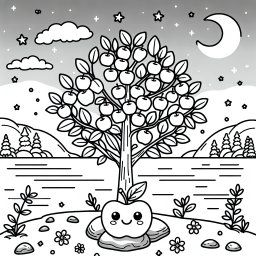 Fröhlicher Apfelbaum - Malbuch, Kinderillustration, Obstbaum, Frühling, Abenddämmerung