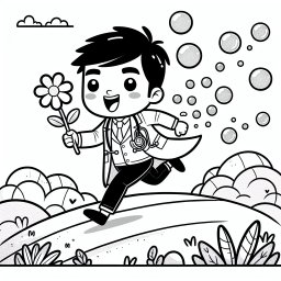 Springender Arzt auf Blumenwiese - Arztkittel, Stethoskop, Frühlingstag, Seifenblasen, fröhlicher Junge