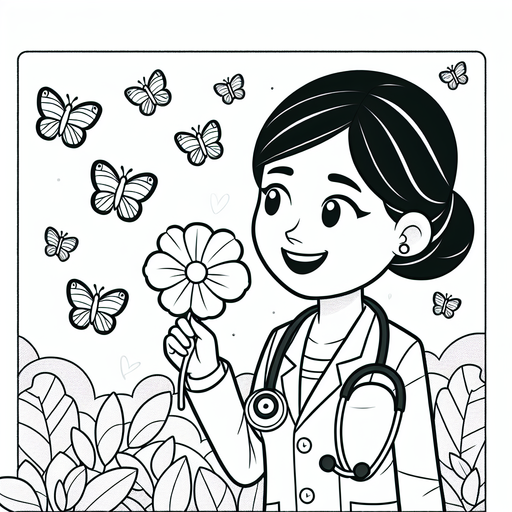 Fröhlicher Blumenheiler - Tags: Ausmalen, Arzt, Schmetterlinge, Kreativität, Medizin