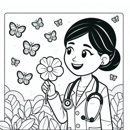 Fröhlicher Blumenheiler - Tags: Ausmalen, Arzt, Schmetterlinge, Kreativität, Medizin