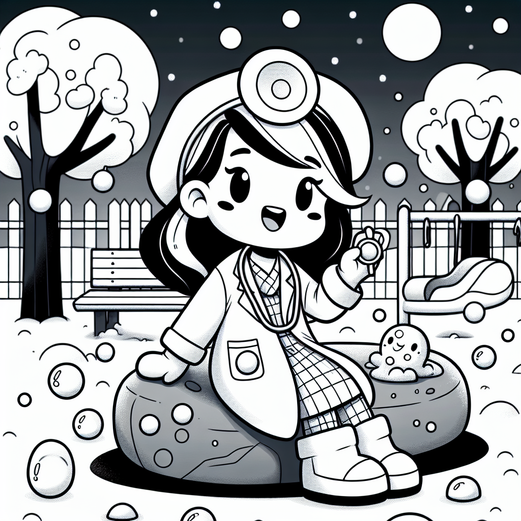 Fröhliche Ärztin im Winterzauber - Winterspaß, Ärztin spielen, Ausmalbild Ärztin, Kinderfantasie, verschneiter Park