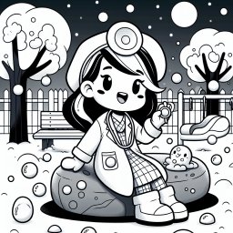 Fröhliche Ärztin im Winterzauber - Winterspaß, Ärztin spielen, Ausmalbild Ärztin, Kinderfantasie, verschneiter Park