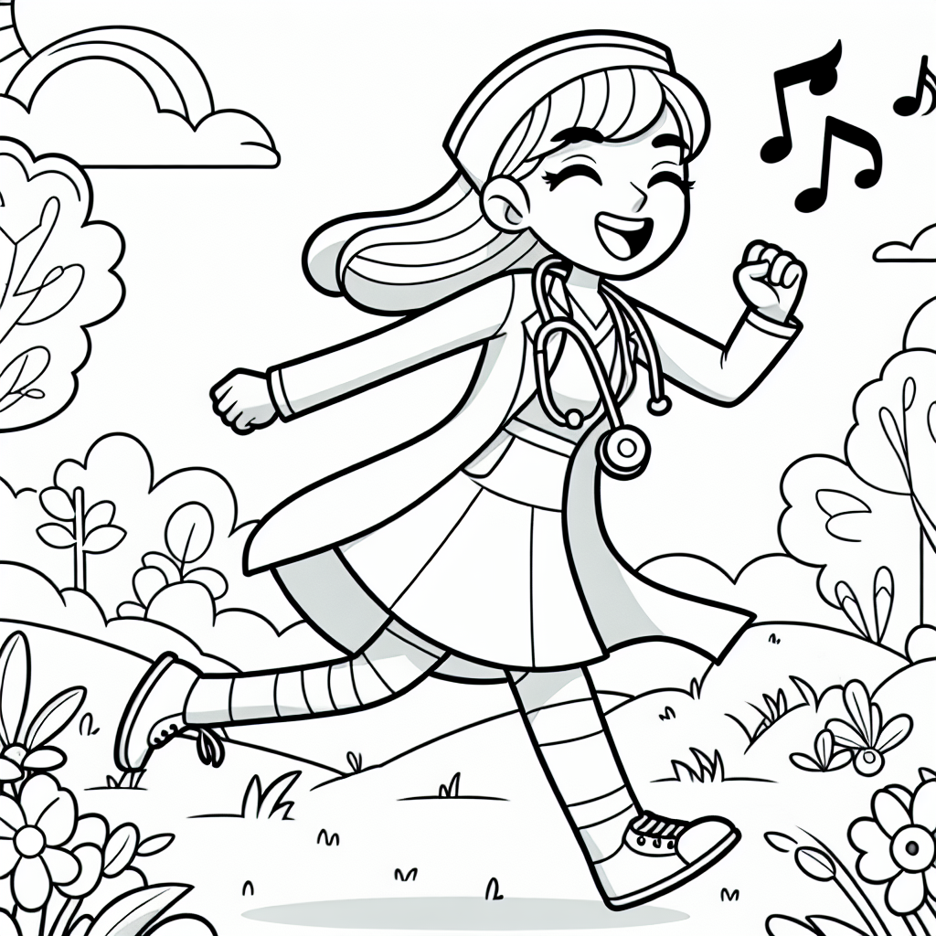 Fröhliche Frühlingsärztin unterwegs - Frühlingstag, Ärztin spielt Doktor, blühende Wiese, Regenbogenhimmel