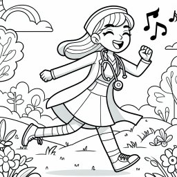 Fröhliche Frühlingsärztin unterwegs - Frühlingstag, Ärztin spielt Doktor, blühende Wiese, Regenbogenhimmel