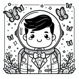 Fröhlicher Weltraumflug – Tags: Astronaut, Weltraum, Schmetterlinge, Ausmalbild, Kreativität.