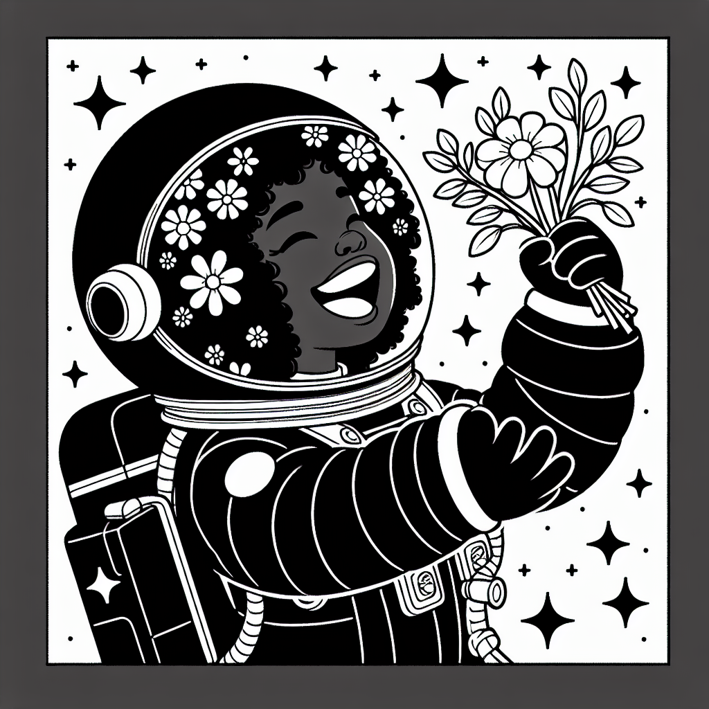 Um deinen fröhlichen Astronauten besonders farbenfroh und lebendig zu gestalten, beginne mit dem Raumanzug. Wähle eine kräftige Farbe wie Rot oder Blau für den Hauptteil, und füge silberne oder goldene Details hinzu, um das High-Tech-Gefühl zu betonen. Verwende glänzende Metallic-Stifte, um den Raumanzug realistischer zu gestalten. Male die Blume in der Hand des Astronauten in leuchtenden Farben, wie Gelb oder Rosa, damit sie im Kontrast zum Weltraum hervorsticht und die Freude des Astronauten betont.

Für den Hintergrund kannst du mit einem tiefen, dunklen Blau oder Schwarz beginnen, um die Weite des Weltraums darzustellen. Streue kleine, bunte Sterne in verschiedenen Gelb-, Weiß- und Silbernuancen, um einen funkelnden Sternenhimmel zu schaffen. Falls du eine Rakete oder den Mond im Bild hinzufügen möchtest, gestalte die Rakete in leuchtenden Farben wie Orange oder Rot, um die Vorstellung von einer aufregenden Weltraumreise zu wecken. Male den Mond in einem sanften Grau und füge eventuell ein paar Schlaglöcher hinzu, um seine Oberfläche interessanter zu machen.

Vergiss nicht, den Gesichtsausdruck des Astronauten besonders fröhlich zu gestalten, indem du die Augen und den Mund mit lebendigen Farben betonst!