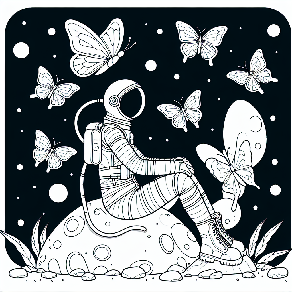 Um das Bild der ruhigen Astronautin in der Weltraumkulisse besonders schön zu gestalten, beginne mit einem leuchtend blauen oder tiefen violetten Hintergrund, um die endlosen Weiten des Weltalls darzustellen. Du kannst mit einem weißen Stift oder Farbe kleine Sterne hinzufügen, um dem Ganzen einen galaktischen Touch zu verleihen.
Male den Raumanzug der Astronautin in klassischen Weißtönen aus, aber füge bunte Details wie rote oder blaue Streifen hinzu, um einen Hauch von Abenteuerlust und Individualität zu zeigen. Ihre Gesichtszüge können zart und freundlich in natürlichen Hauttönen gehalten werden, um ihre friedliche Ausstrahlung zu betonen.
Die Felsen können in verschiedenen Grautönen schattiert werden, um ihnen Tiefe und Struktur zu verleihen. Nutze verschiedene Brauntöne, um der Oberfläche eine abwechslungsreiche Textur zu verleihen.
Für die Schmetterlinge wähle eine Vielzahl von hellen und kräftigen Farben - zum Beispiel gelb, rot oder purpur - um Bewegung und Lebendigkeit in das Bild zu bringen. Die Schmetterlinge können auch einige Glitzer- oder Metallic-Details vertragen, um sie unter den Weltraumsternen schimmern zu lassen.
Diese bunte Komposition wird das Bild lebendig machen und den kleinen Künstlern helfen, ihrer Fantasie freien Lauf zu lassen.