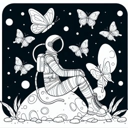 Traumhafte Astronautin – Tags: Astronautin, Weltraum, Schmetterlinge, Kreativität, Kinderkunst