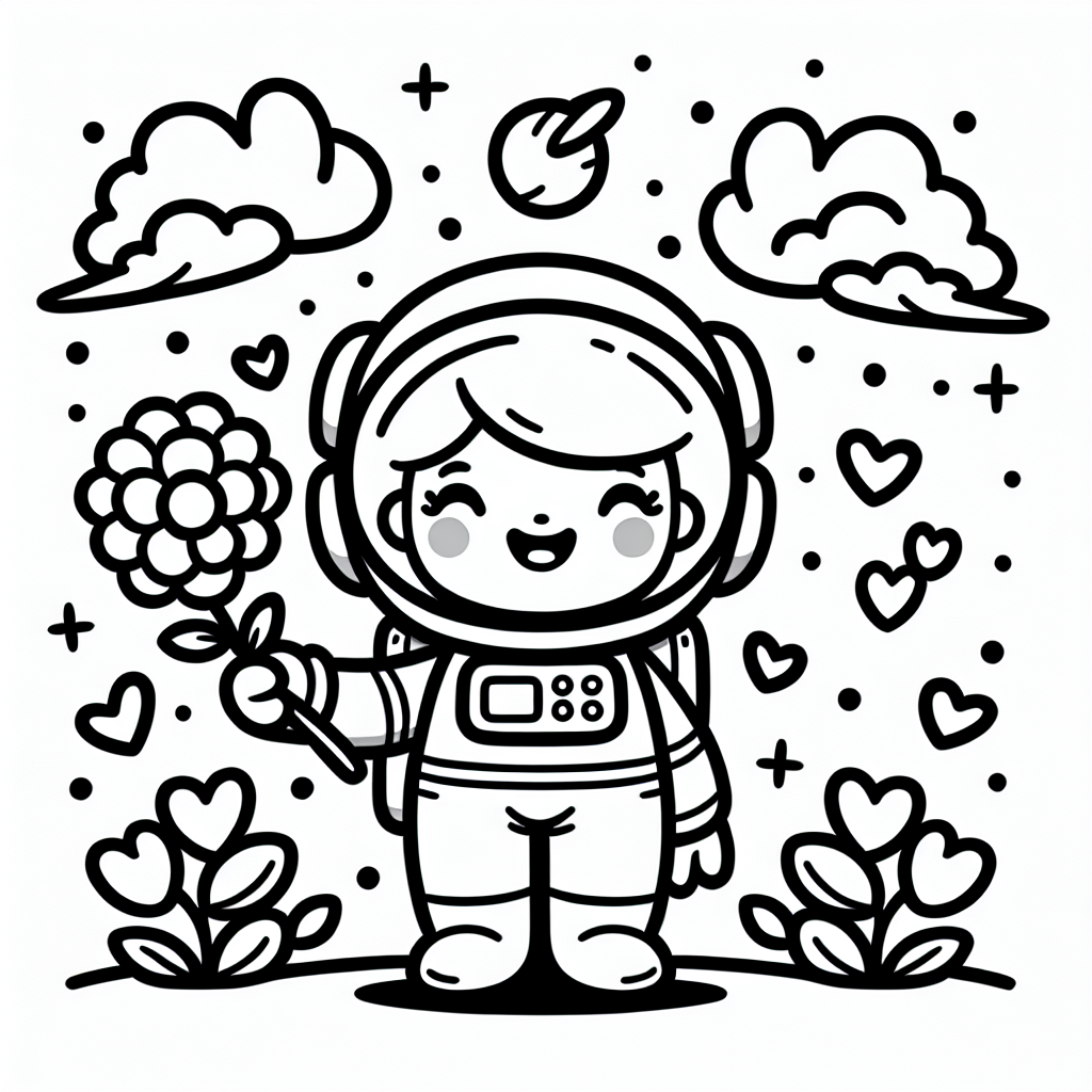 Stell dir eine Welt vor, in der die Sterne tanzen und der Mond wie ein silbernes Schiff am Himmel segelt. In dieser faszinierenden Galaxie schwebt eine mutige Astronautin, ein fröhliches Weltraummädchen, das die Grenzen des Universums erkundet! Mit einem strahlenden Lächeln auf ihren Lippen hält sie eine wunderschöne Blume, die in der Schwerelosigkeit fast zu schweben scheint. Um sie herum tanzen kleine Herzen, die wie funkelnde Sternschnuppen leuchten und ihre Freude darüber zeigen, im unendlichen Raum zu sein.
Dieses Ausmalbild entführt dich in eine Welt voller Träume und Abenteuer! Lass deiner Fantasie freien Lauf, wenn du die Blume in den leuchtendsten Farben ausmalst und die Herzen in den schillerndsten Tönen zum Strahlen bringst. Die Astronautin wartet darauf, von dir in ein buntes Wunderland verwandelt zu werden. Vielleicht ist ihre Raumanzug mit funkelnden Sternen verziert oder ihr Helm leuchtet in den Farben des Regenbogens.
Nimm deine Buntstifte oder Filzstifte zur Hand und gestalte diese himmlische Szene ganz nach deinen Wünschen. Wenn du fertig bist, wird dein Bild so einzigartig und schön sein wie die Träume dieser kleinen Astronautin!