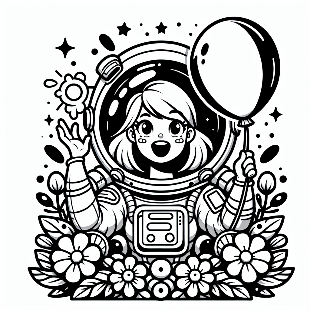 Schnapp dir deine buntesten Stifte und begleite unsere fröhliche Astronautin auf ein galaktisches Abenteuer! Stell dir vor, wie sie, in ihrem weltraumtauglichen Anzug, mit einem strahlenden Lächeln einen schwebenden Luftballon inmitten einer kosmischen Blumenwiese hält. Wer hätte gedacht, dass im Universum so viele Blumen blühen?
Die Astronautin ist im Cartoon-Stil gezeichnet und wartet nur darauf, von dir in leuchtenden Farben ausgemalt zu werden. Wie wäre es mit einem lilafarbenen Raumanzug und einem knallroten Luftballon? Lass deiner Fantasie freien Lauf und gib den Blumen einen zauberhaften Regenbogenschimmer. Vielleicht möchtest du der Astronautin einen gelben Helm aufsetzen, damit sie auch im farbenfrohen All nicht übersehen wird!
Vergiss nicht, den Hintergrund so zu gestalten, dass unsere Weltraumfreundin vor einem funkelnden Sternenhimmel schwebt. Du kannst auch kleine Details wie glitzernde Sterne oder lustige Aliens hinzufügen. Je bunter, desto besser!
Also, Stifte raus, Kreativität an, und auf gehts zur farbenfrohen Reise ins All!