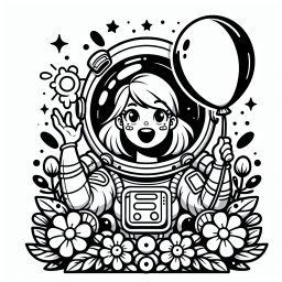 Verspielte Raumfahrt – Tags: Astronautin, Luftballon, Blumen, Cartoon, Weltraum-Abenteuer