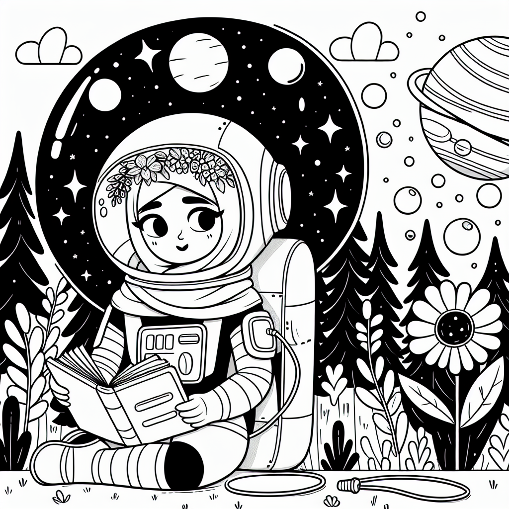 Galaktische Astronautin im Lesefieber - Astronautin, Raumanzug, Planetenwelt, Sternenhimmel, Abenteuerbuch