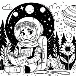 Galaktische Astronautin im Lesefieber - Astronautin, Raumanzug, Planetenwelt, Sternenhimmel, Abenteuerbuch, Blütenhelm