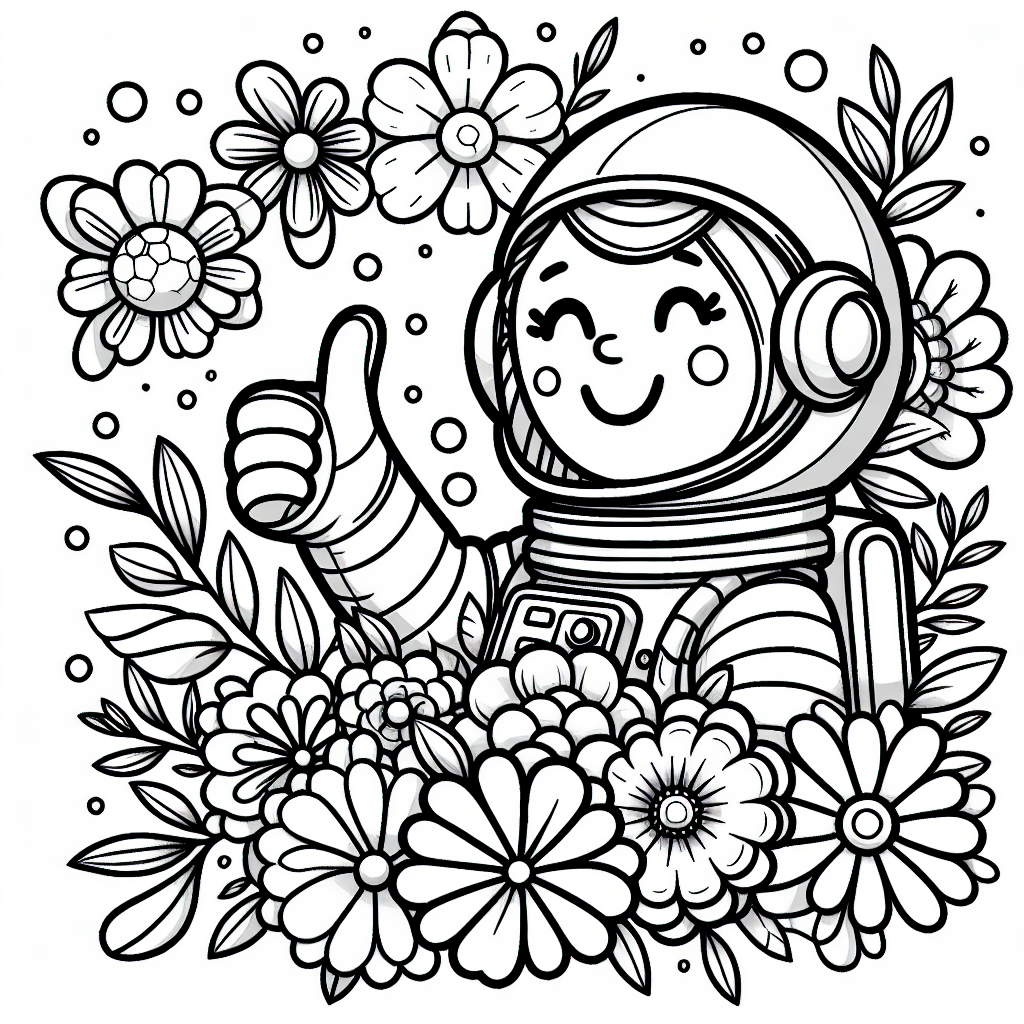 Fröhliche Blumenastronautin - Tags: Weltraum, Astronautin, Abenteuer, Ausmalbild, Blumen