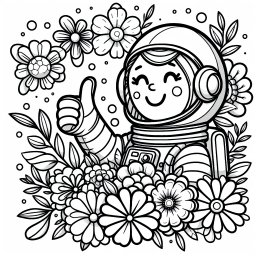 Fröhliche Blumenastronautin - Tags: Weltraum, Astronautin, Abenteuer, Ausmalbild, Blumen