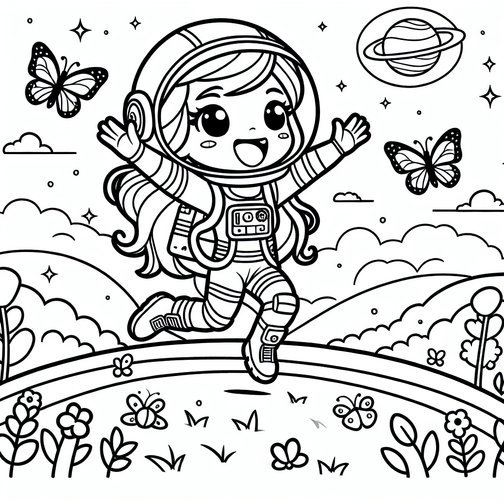 Fröhliche Astronautin auf Abenteuerreise - Astronautin springen Hügel Abenteuer, Raumanzug Sommermorgen Ausmalbild Entdeckung