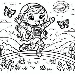 Fröhliche Astronautin auf Abenteuerreise - Astronautin springen Hügel Abenteuer, Raumanzug Sommermorgen Ausmalbild Entdeckung