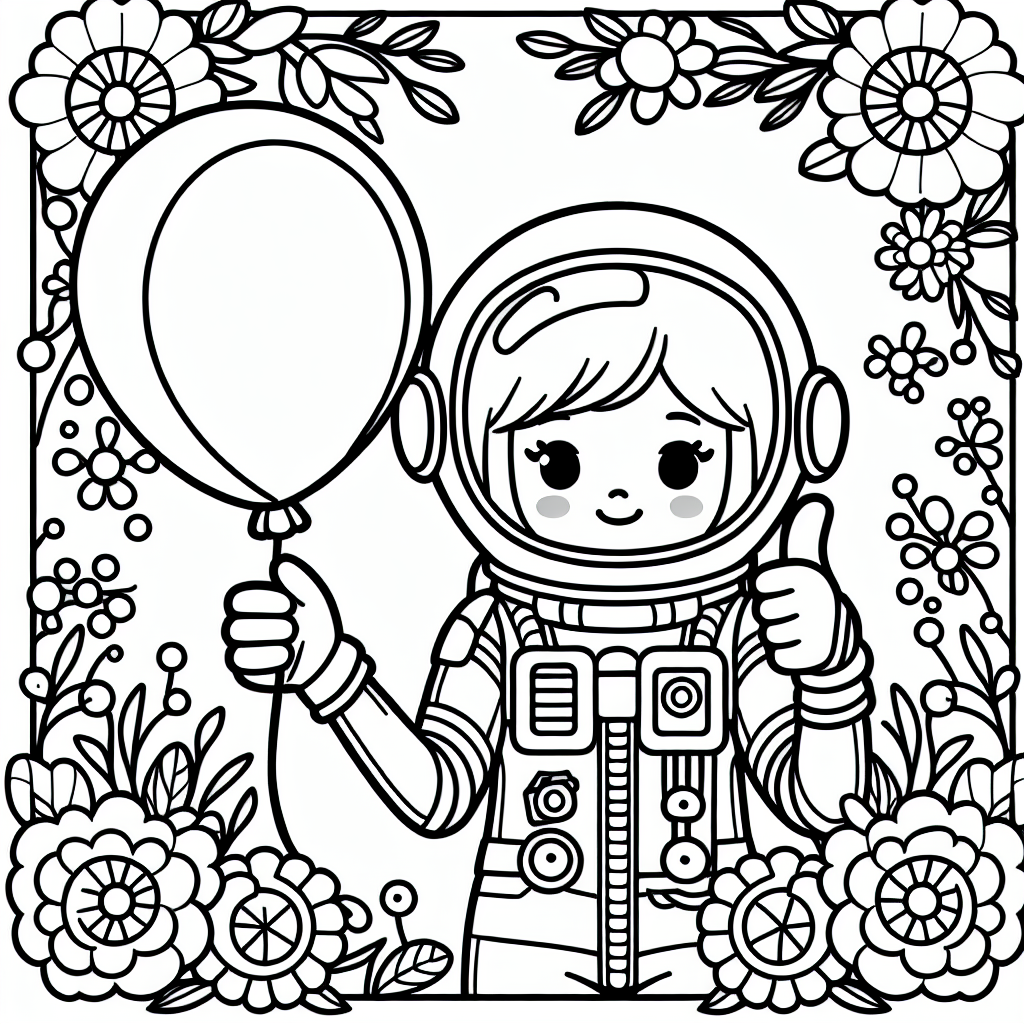 Heitere Weltraumblume - Tags: Astronautin, Weltraum, Ausmalbild, Luftballon, Blumen.