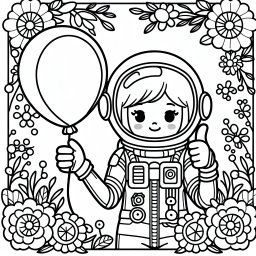 Heitere Weltraumblume - Tags: Astronautin, Weltraum, Ausmalbild, Luftballon, Blumen.