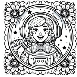Fröhliche Sternenreise – Tags: Astronautin, Weltraum, Blumen, Ausmalen, Abenteuer