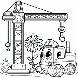 Fröhlicher Kran – Tags: Ausmalbild, Baustelle, Autokran, Blume, Kreativ.