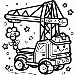 Lustiger Blumenkran – Tags: Autokran, Baustelle, Farbe, Kreativität, Kinderkunst