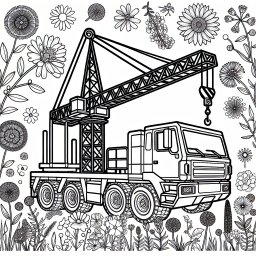 Gelassener Kran – Tags: Autokran, Baustelle, Ausmalen, Kreativität, Blumen.