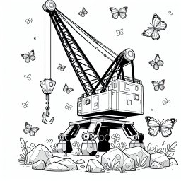 Neugieriger Kran – Baustelle, Autokran, Schmetterlinge, Kreativität, Ausmalbild.
