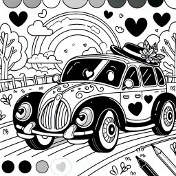 Hüpfendes Herzauto - Ausmalbild Auto, Frühlingsabenteuer, Regenbogenfahrt, Kinderfreundlich Malen