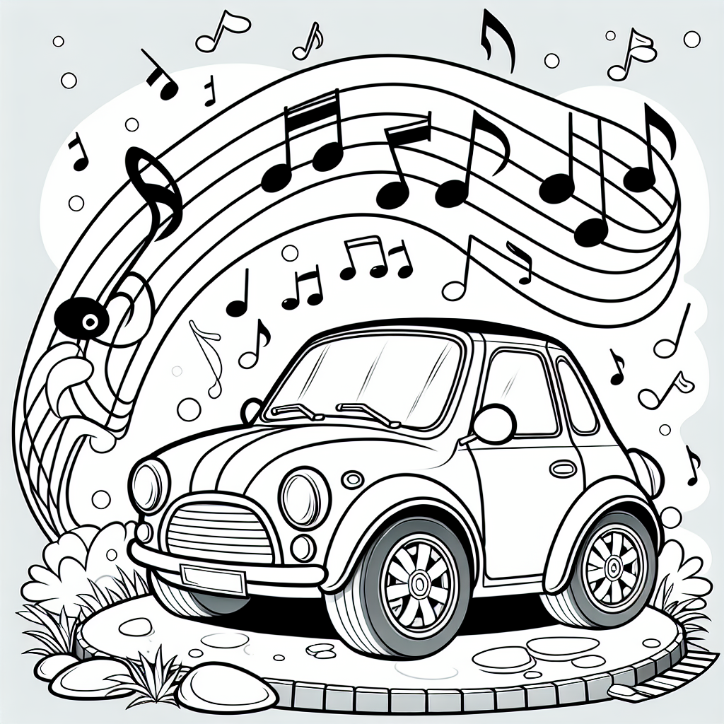 Lustiges Autoabenteuer im Sommermorgen - Auto, Musiknoten, Sommermorgen, Abenteuerfahrt, Landschaftsbilder