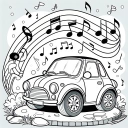 Lustiges Autoabenteuer im Sommermorgen - Auto, Musiknoten, Sommermorgen, Abenteuerfahrt, Landschaftsbilder