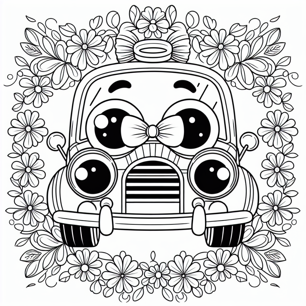 Fröhlicher Blütenflitzer - Tags: Auto, Blumen, Ausmalbild, Tanz, Fröhlich