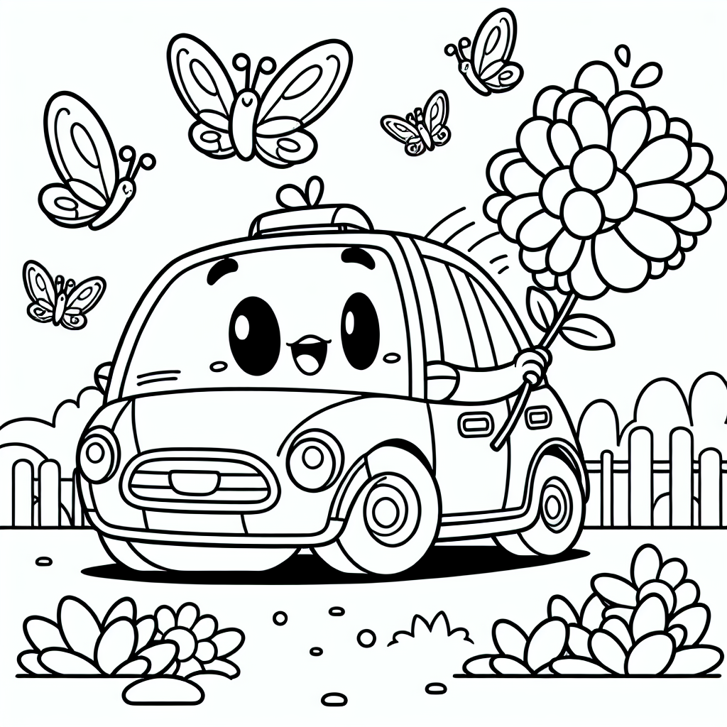 Hey du, schau dir dieses witzige Ausmalbild an! Es zeigt ein fröhliches Auto, das so aufgeregt ist, dass es eine Blume in den „Händen“ hält. Kannst du dir vorstellen, was für ein spannendes Abenteuer es gerade erlebt hat? Vielleicht ist es gerade aus einem Straßenrennen gekommen und hat gewonnen! Dieses Auto hat alles: große, leuchtende Scheinwerfer, die in der Nacht glänzen, ein glänzendes Lenkrad und eine schicke Karosserie, die in allen Farben des Regenbogens leuchten kann.
Wusstest du, dass dieses Auto ein kleines Geheimnis hat? Es lebt in einer besonders magischen Garage, in der es nachts von fliegenden Schmetterlingen besucht wird. Diese Schmetterlinge sind seine besten Freunde und erzählen ihm von ihren Abenteuern in der weiten Welt. Wenn du genau hinschaust, siehst du vielleicht ihre lustigen Muster und Farben.
Das Bild hat viele große Flächen, die du bunt ausmalen kannst. Und vergiss nicht die kleinen Details, wie die winzigen Schmetterlingsflügel oder die Blütenblätter der Blume. Vielleicht erfindest du beim Ausmalen deine eigene Geschichte über unser aufgeregtes Auto. Viel Spaß dabei!