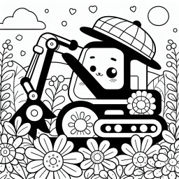 Neugierhutbagger – Tags: Bagger, Baustelle, Abenteuer, Blumen, Ausmalspaß
