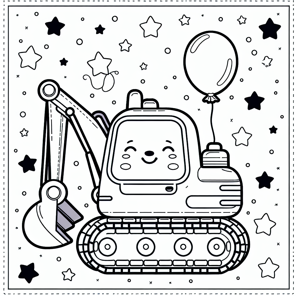 Um diesem lustigen Ausmalbild von einem ruhigen Bagger mit einem bunten Luftballon Leben einzuhauchen, beginne mit der Wahl einer kräftigen Farbe für den Bagger selbst. Gelb ist eine klassische Wahl, die an Baustellenfahrzeuge erinnert, aber auch ein leuchtendes Orange oder ein sattes Rot könnten den Bagger in den Mittelpunkt stellen. Verwende eine andere kräftige Farbe für die Schaufel, um sie hervorzuheben, zum Beispiel ein tiefes Blau oder Grün. Die Hydraulikteile des Baggers können in metallischen Tönen wie Silber oder Grau ausgemalt werden, um den mechanischen Aspekt zu betonen.
Für den bunten Luftballon sind deiner Fantasie keine Grenzen gesetzt - ein Regenbogenmuster könnte besonders fröhlich aussehen. Die kleinen Sterne um den Bagger herum schreien förmlich nach einem Funkeln aus Gold oder Silber, um dem Bild einen magischen Touch zu verleihen.
Ergänze den Hintergrund mit dezenten Sandfarben, um eine Baustellenatmosphäre zu schaffen. Als letztes Detail könntest du in einer Ecke des Bildes einen kleinen Bauarbeiter in einem neonfarbigen Overall und einem blauen Helm hinzufügen, der neugierig zum Bagger aufschaut. So wird das Bild zu einer lebhaften Szene mit vielen interessanten Details.