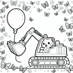 Fröhlicher Ballonlader – Tags: Bagger, Ausmalbild, Baustelle, Schmetterlinge, Bauarbeiter.