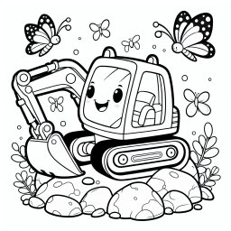 Aufgeregter Flatterfreund – Tags: Bagger, Baustelle, Schmetterlinge, Kinder, Ausmalbild