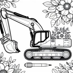 freundlicher Blumendoktor – Tags: Bagger, Baustelle, Blumen, Ausmalbild, Bauarbeiter