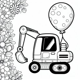 Verspielter Ballonbagger – Tags: Bagger, Baustelle, Ausmalbild, Kreativität, Kinder