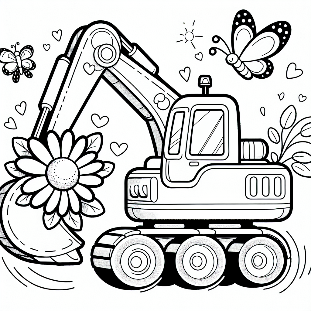 Beim Ausmalbild des fröhlichen Baggers, der eine Blume hält und von Schmetterlingen umgeben ist, kannst du mit deiner Kreativität spielen und verschiedene Techniken verwenden, um das Bild lebendig und spannend zu gestalten. Beginne mit dem Bagger selbst: Verwende leuchtende Gelb- und Orangetöne, um dem Bagger ein fröhliches Aussehen zu verleihen. Die Schaufel und die Hydraulikarme können in einem kräftigen Metallgrau ausgemalt werden, während Akzente in Schwarz oder Dunkelblau hinzugefügt werden können, um Details hervorzuheben.

Für die Blume, die der Bagger hält, wähle kräftige Farben wie Rot, Pink oder Violett für die Blütenblätter und ein sattes Grün für den Stiel. Die Schmetterlinge, die den Bagger umgeben, kannst du in verschiedenen bunten Farben gestalten, um ihrem zarten, tanzenden Charakter gerecht zu werden.

Ergänze den Hintergrund mit Pastellfarben, um eine Baustellenszene zu erschaffen. Zeichne eine sanfte Struktur aus Sand und Erde in Brauntönen, sodass der Bagger in seiner natürlichen Umgebung steht. Vielleicht magst du auch Bauarbeiter mit kleinen Helmen oder Bauzäune im Hintergrund hinzufügen, um das Bild noch realistischer zu gestalten.

Verwende deine Fantasie, um dem Bild eine persönliche Note zu verleihen und den glücklichen Bagger in seiner fröhlichen Umgebung zum Leben zu erwecken!