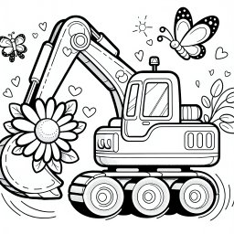 Frechdachsbagger – Tags: Bagger, Baustelle, Schmetterlinge, Ausmalbild, Kreativität
