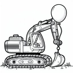 Fröhlicher Ballonbagger – Tags: Bagger, Baustelle, Ausmalbild, Hydraulik, Bauarbeiter
