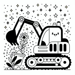 Fröhlicher Blumenlader – Tags: Bagger, Baustelle, Ausmalbild, Kinder, Kreativität.