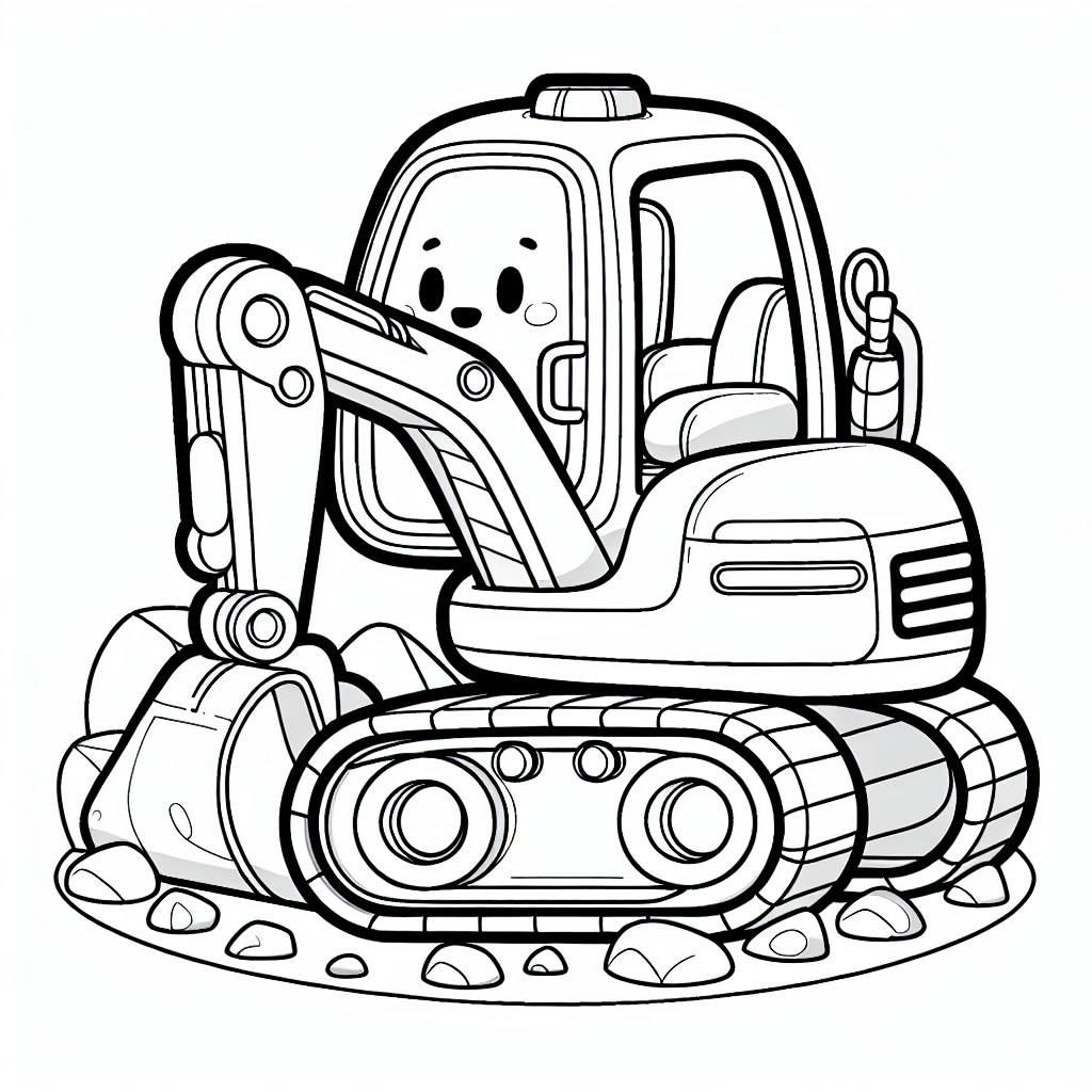 Es war einmal ein neugieriger Bagger namens Bruno, der sich eines schönen Morgens auf einer Baustelle langweilte. Während die Bauarbeiter eine Pause machten, beschloss Bruno, die Umgebung zu erkunden. Er rollte über den Sand, seinen Hydraulikarm fröhlich wippend, und entdeckte dabei einen großen, glatten Felsen. "Was für ein perfekter Aussichtspunkt!", dachte Bruno und kletterte mit seiner Schaufel geschickt auf den Felsen.
Von dort oben konnte er alles überblicken: die Bauarbeiter, die fleißig arbeiteten, die Lastwagen, die Baumaterial transportierten, und die riesigen Sandhaufen, die darauf warteten, verteilt zu werden. Bruno konnte es kaum erwarten, seinen neuen Freunden von seiner Entdeckung zu erzählen.
Inzwischen malten die Kinder fleißig das Ausmalbild von Bruno aus. Sie ließen ihrer Kreativität freien Lauf und gaben ihm eine leuchtend gelbe Kabine, einen himmelblauen Arm und bunte Streifen auf seinen Ketten. Sie malten den Felsen in einem satten Grau und fügten sogar ein paar bunte Blumen um den Felsen hinzu. So wurde die Baustelle in ihrer Fantasie zu einem kunterbunten Abenteuerplatz!