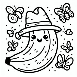 Glückliche Banane – Tags: Banane, Ausmalbild, Kinder, Tropen, Schmetterlinge