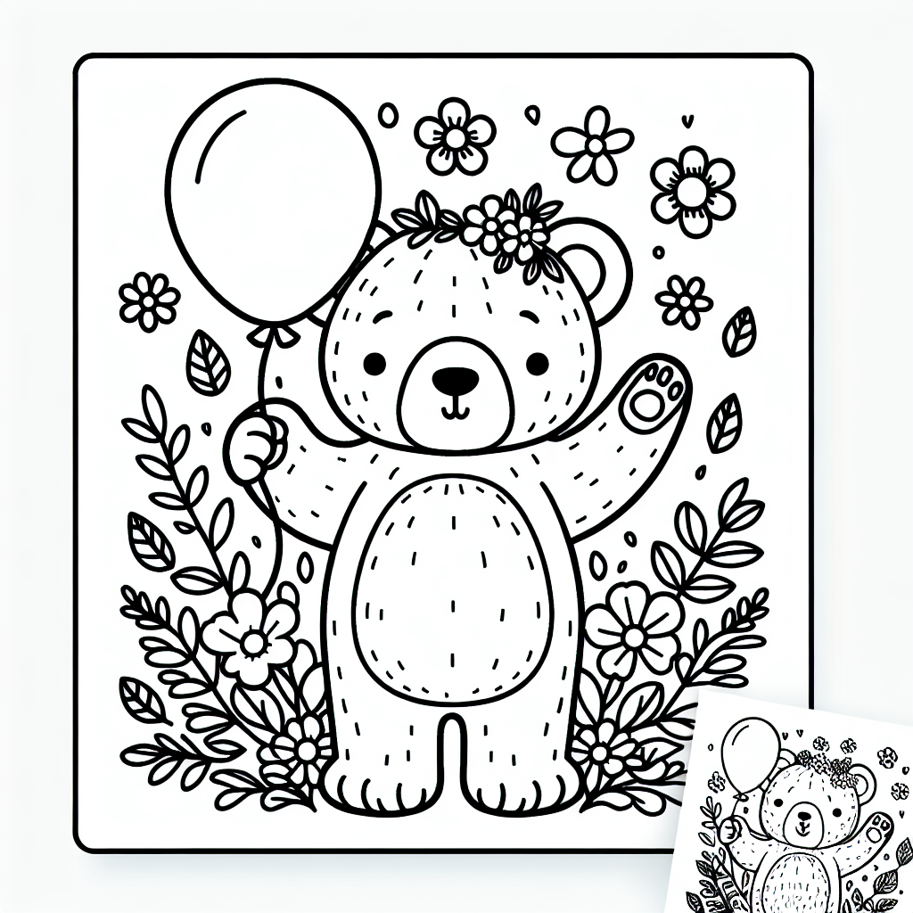 Neugieriger Ballonbär - Tags: Bären, Abenteuer, Malspaß, Cartoon, Fantasie.