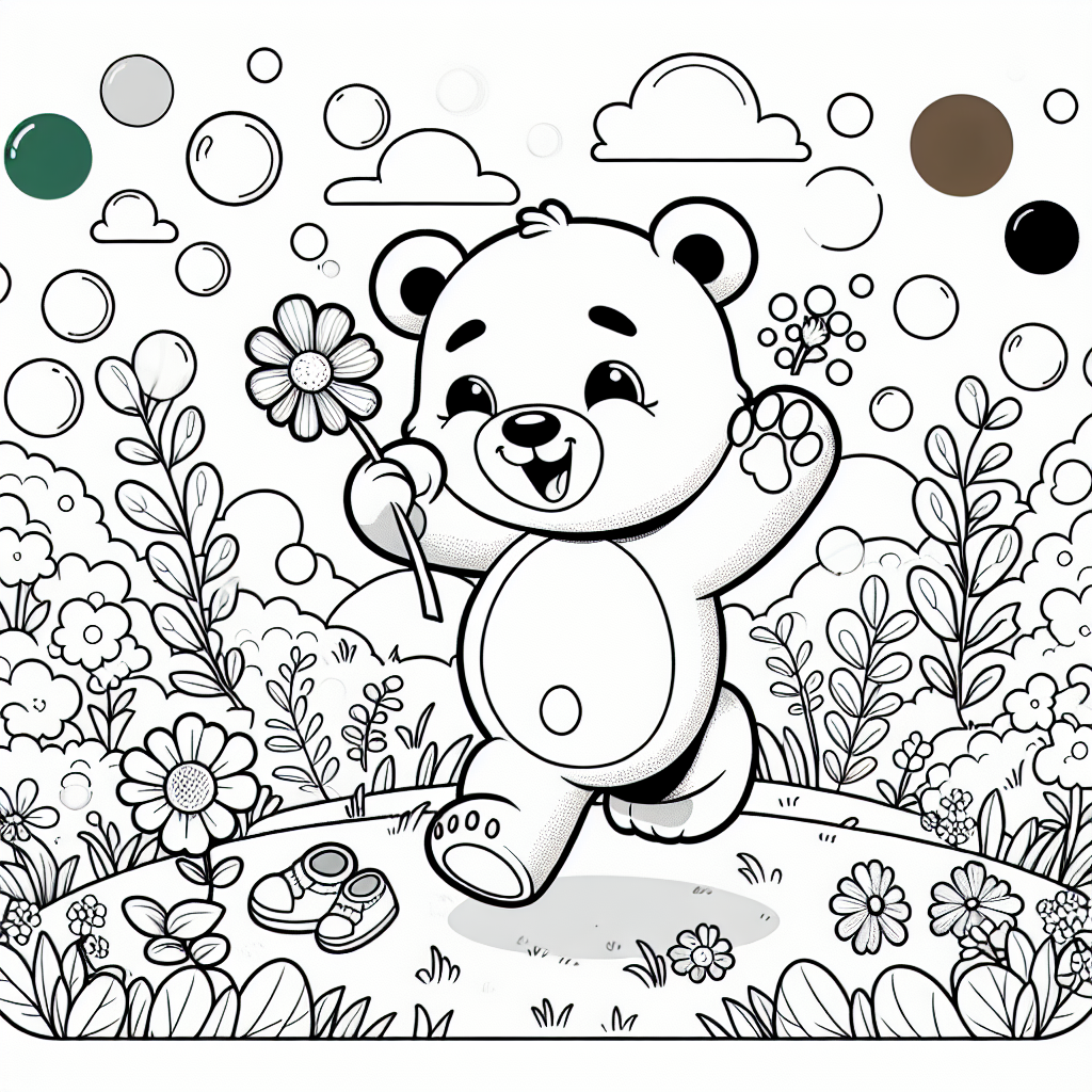 Fröhlicher Bär im Blumenhüpfen - Frühling, fröhlicher Bär, Ausmalbild Kinder, Blumenwiese, Abendhimmel