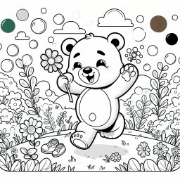 Fröhlicher Bär im Blumenhüpfen - Frühling, fröhlicher Bär, Ausmalbild Kinder, Blumenwiese, Abendhimmel