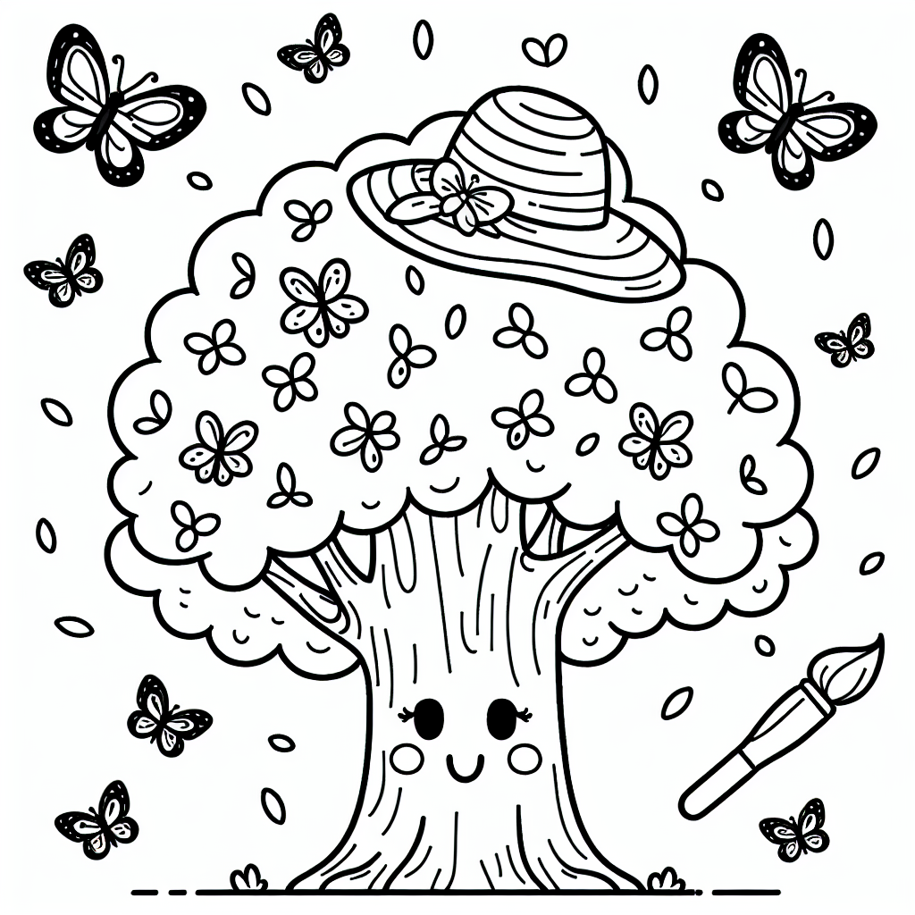 Willkommen in der magischen Welt der Ausmalbilder! Heute haben wir eine ganz besondere Baumzeichnung für euch: Ein Baum, der einen stilvollen Hut trägt und von fröhlichen Schmetterlingen umgeben ist. Die klaren, dicken Linien dieser Zeichnung sind perfekt für kleine Künstler, die mit Farben experimentieren möchten. Die einfache und kinderfreundliche Gestaltung lädt dazu ein, der Kreativität freien Lauf zu lassen.

Beim Ausmalen dieses neugierigen Baumes können Kinder nicht nur ihre Farbwahl treffen, sondern auch über die vielen wunderbaren Elemente nachdenken, die mit Bäumen verbunden sind. Vielleicht stellen sie sich vor, dass dieser Baum in einem geheimnisvollen Wald steht, neben einem Baumhaus, das nur darauf wartet, erkundet zu werden. 

Eltern können diese Gelegenheit nutzen, um mit ihren Kindern über die verschiedenen Jahreszeiten zu sprechen und wie Bäume sich im Frühling, Sommer, Herbst und Winter verändern. Fragen Sie Ihr Kind, ob die Blätter des Baumes grün, orange oder vielleicht sogar blau sein sollten. Ermuntern Sie es, die Wurzeln kreativ mit Mustern zu gestalten oder den Hut des Baumes in der Farbe des Lieblingsspielzeugs zu bemalen.

Fördern Sie die Vorstellungskraft Ihrer Kinder, indem Sie sie ermutigen, eine kleine Geschichte über den abenteuerlustigen Baum zu erzählen. Wer weiß, vielleicht hat er eine spannende Reise vor sich!